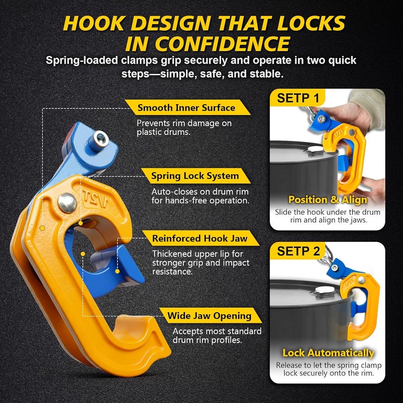 FITHOIST Chain Drum Lifter | 2200 lbs Vertical Drum Clamp Barrel Lift with Self-Lock Hook | Drum Handling Equipment 1 ton Capacity | Fit for 30-55 Gallon Barrel - Image 5